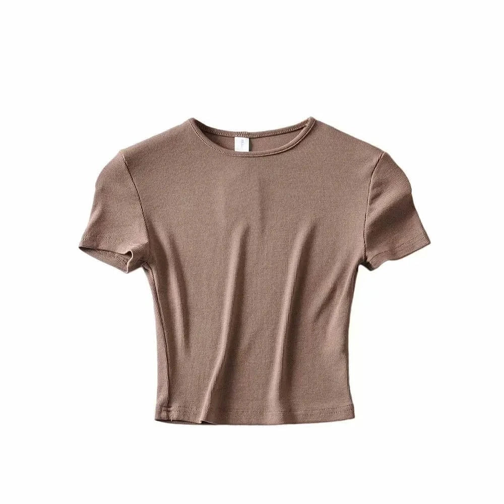 S / Khaki DAMOCHIC High quality Solid Color T Shirts Summer Short Sleeve Basic Blouses Round Neck Short Sleeves Crop Tops T Shirts 2023