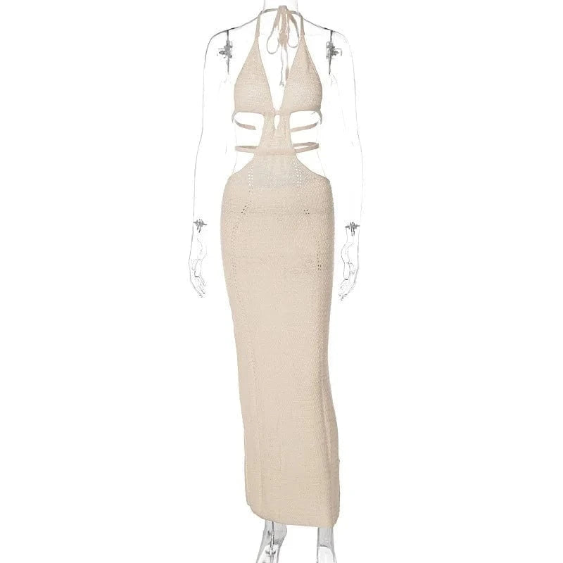 S / Khaki Hot Selling Sexy Halter Long Dress V-neck Summer Dress Club Wear for Women 2024