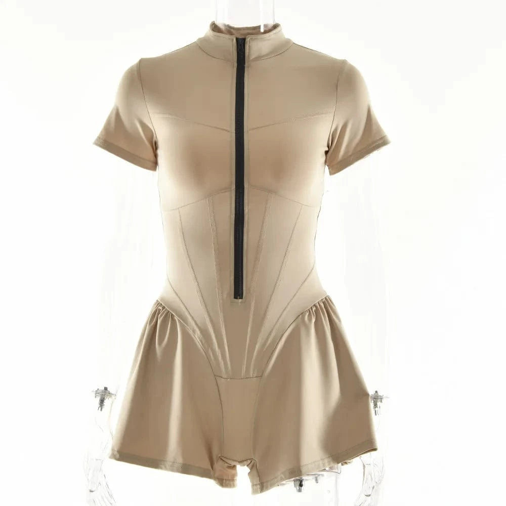 S / Khaki Sexy Bodycon Playsuit Women Jumpsuit O Neck Short Sleeve Zipper Bodysuit Female Elegant Slim Playsuits Rompers Sport Clothes