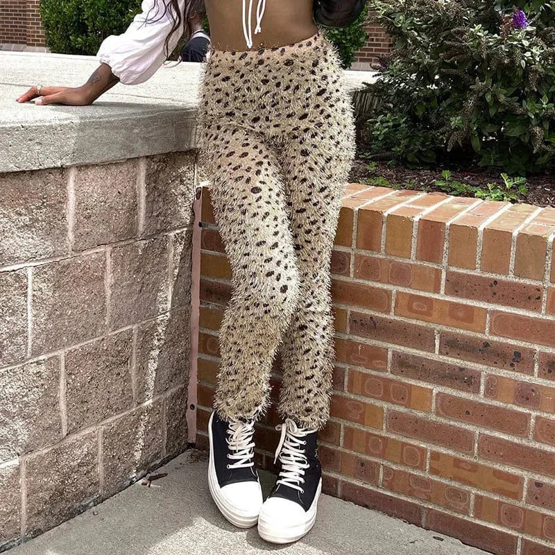 S / Leopard Leopard Fall Hairy Pencil Women Trousers Skinny Wild Casual Stretch Jogger Sweatpants Streetwear Vintage Bottoms Pants Women