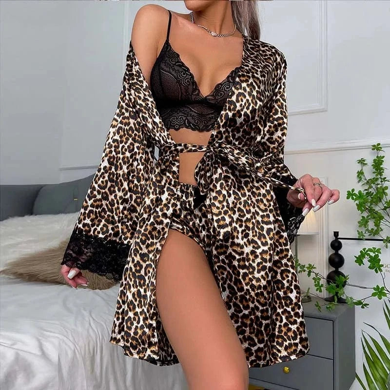 S / Lepord RedPeony Charming Nightdress Wild Sleepshirt New Nighties Slim Body Nightwear Sexy Women Romantic Satin Sleepwear Nightgown