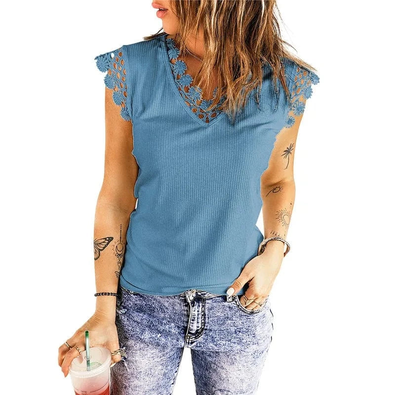 S / Light blue 2023 New Wholesale Custom Women Tops Clothing Summer Vest Sexy V-Neck Solid Color Ribbed Lace Tank Top