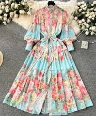 S / Light Blue 2024 Advanced Luxury Socialite Lantern Long Sleeve Stand Collar Belted Slimming A-line Flower Printed Dress