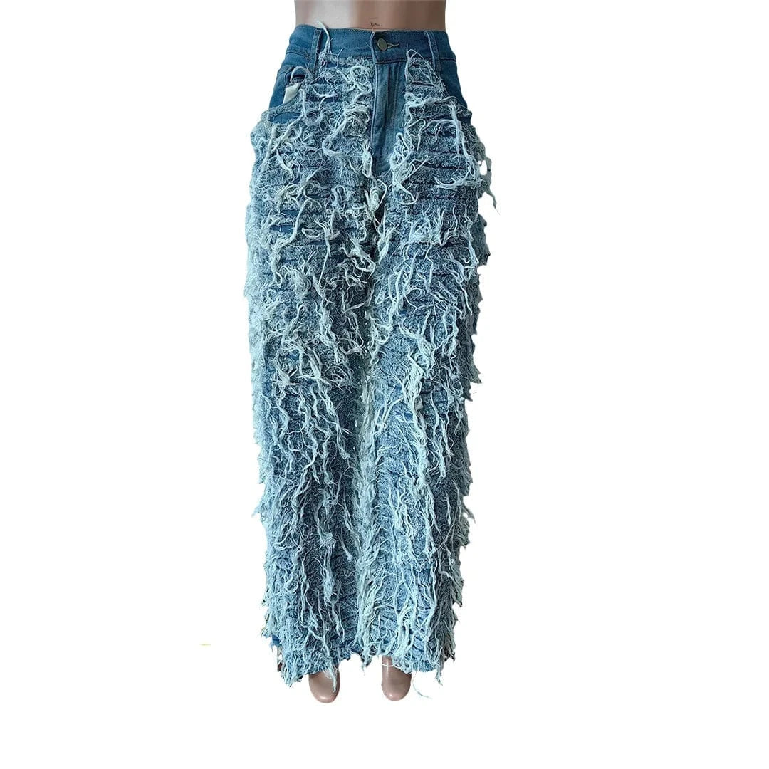 S / Light Blue Distressed Ripped Tassel Baggy Jeans