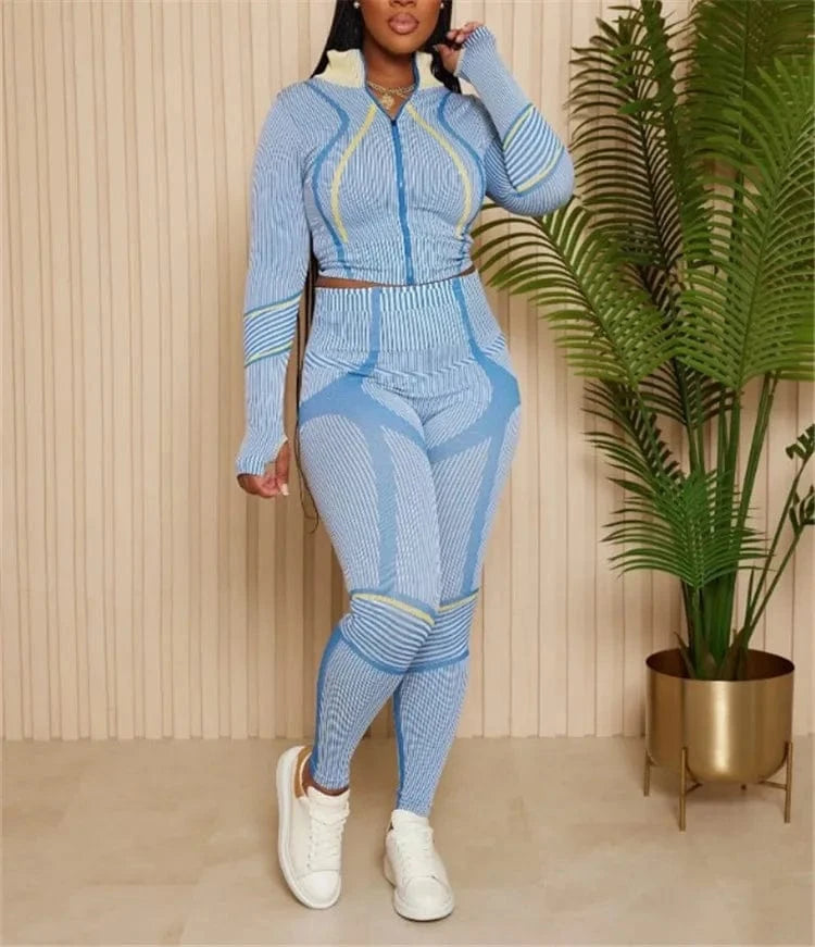 S / Light Blue Women Printed Sports Tracksuit Fashion Long Sleeve T-Shirt And Legging Pants 2024 Fall Chic Two Piece Trousers Set