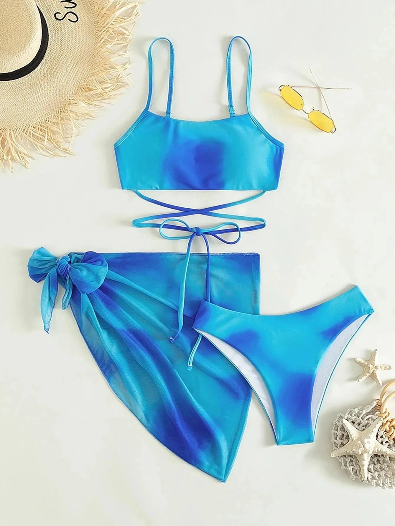 S / Light Blue YONGQI 2024 New Style Lady Luxury 3 Piece Bikini Sexy Woman Swimsuit 2023 Beachwear Bath Suit Swimwear For Woman