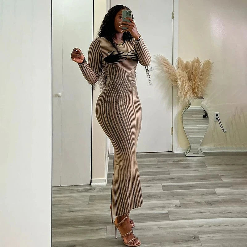 S / light brown Bomblook R23DS122 2024 Spring Printed Elegant Date Outfits Slit Women's Dresses Midi Striped Vintage Dress