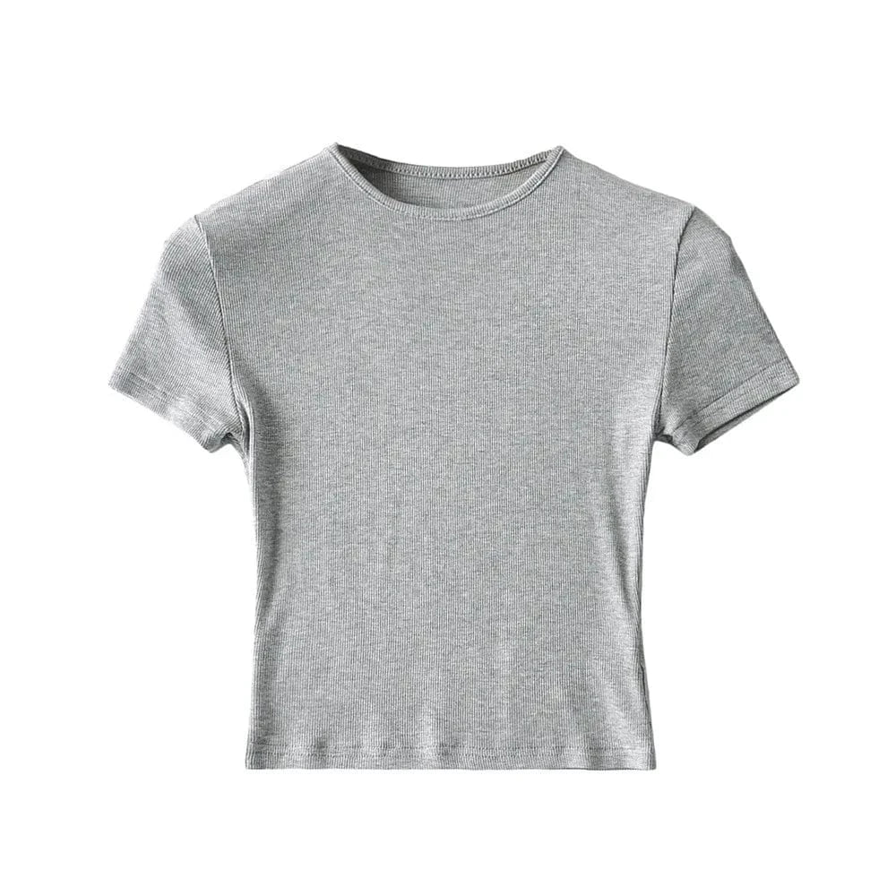 S / light gray DAMOCHIC High quality Solid Color T Shirts Summer Short Sleeve Basic Blouses Round Neck Short Sleeves Crop Tops T Shirts 2023