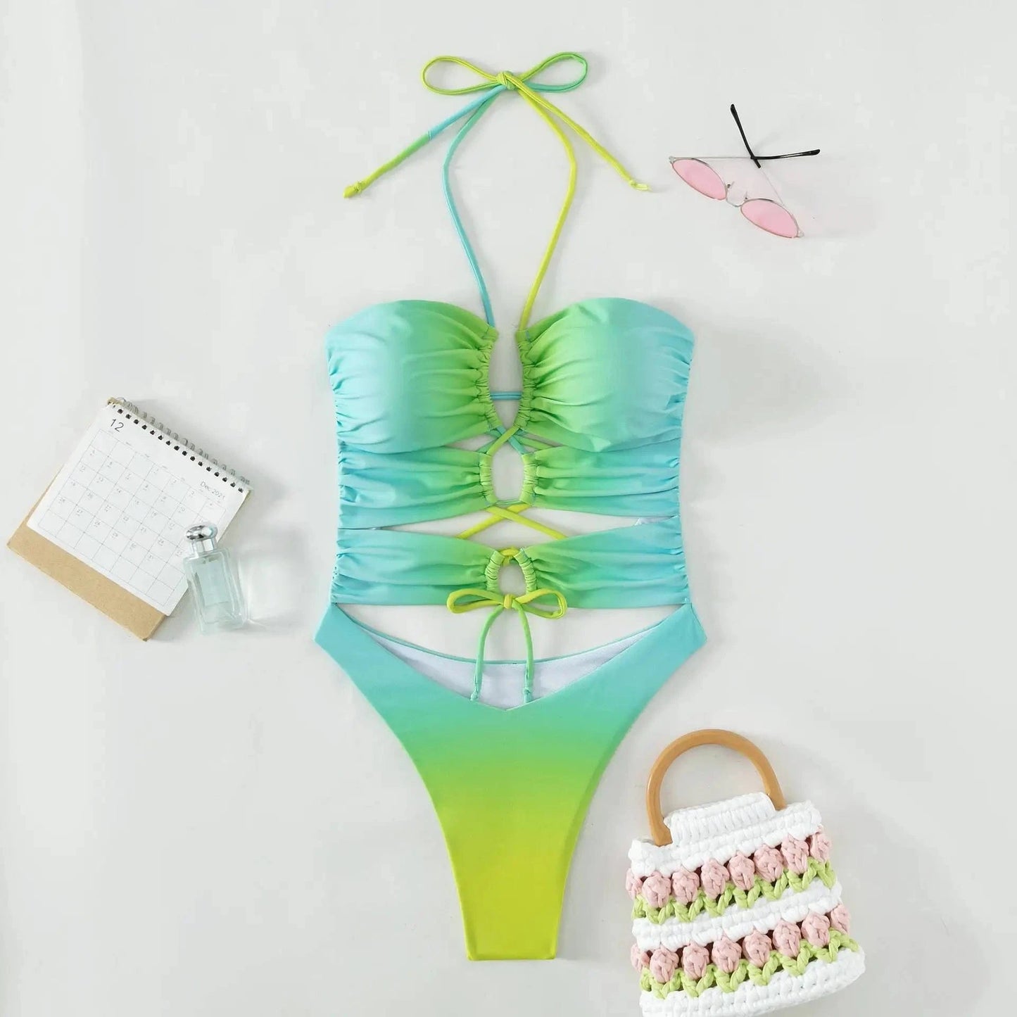 S / Light green DAMOCHIC Thong One Piece Swimwear Gradient Brazilian One Piece Swimsuit String Monokini Cut Out Lace-Up Bikini Monokini 2023