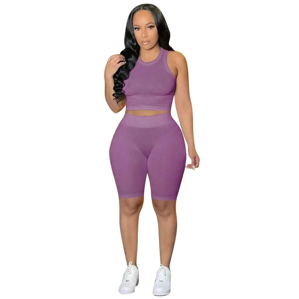 S / Light Purple Custom Logo Knit Active Yoga Fitness Women Two 2 Piece Set Outfits Sport Tracksuit Fashion Tank Tops Legging Biker Shorts Set