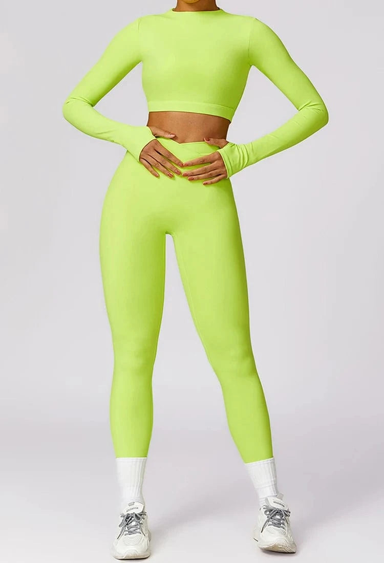 S / Long sleeve Light green 2024 Custom Wholesale Fitness Gym Shorts Women Yoga Bra Leggings Women Long-Sleeved top 2 Piece Yoga Sets Gym Fitness Sets