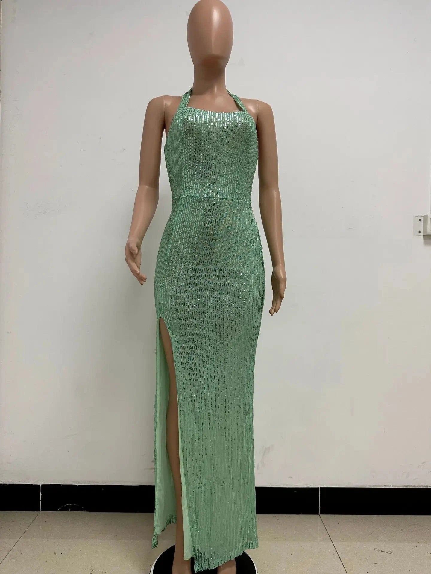 S / MINT Glitter halter sleeveless backless split sliver gold black sexy prom lady maxi elegant party sequined evening dresses for women