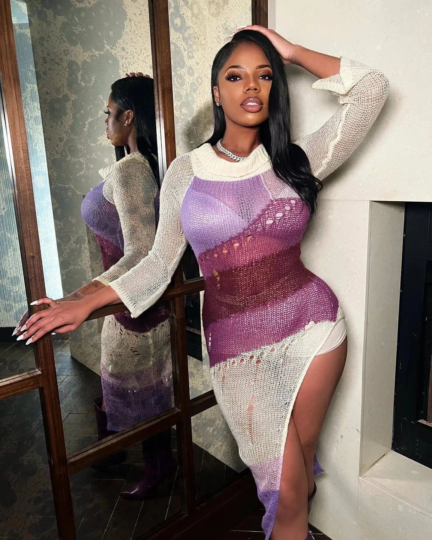 S / multi GX0301 Fashion 2024 Spring Women Color Patchwork Long Sleeve Dress Sexy Off Shoulder See Through Split Maxi Dresses