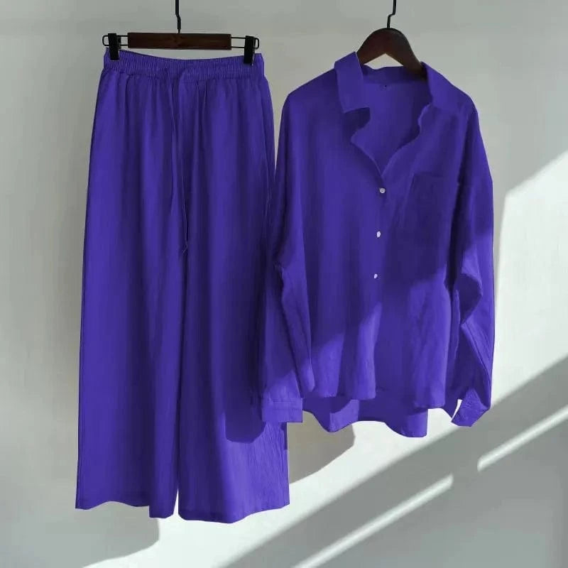 S / NAVY New 2024 Hot Sale Chic Design Solid Color Long Sleeve Linen Blouse Pants Set Women Plus Size Two Pieces Sets