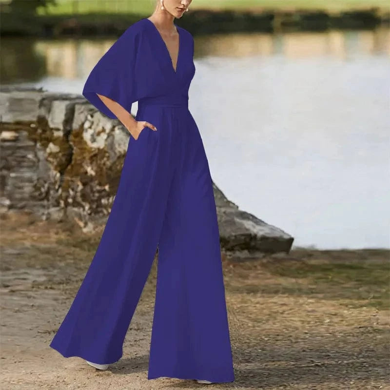 S / Navy Plus Size Elegant Office Jumpsuits Women Long Rompers 2024 Summer Casual Solid Color Ruffled Off Shoulder Overalls Streetwear