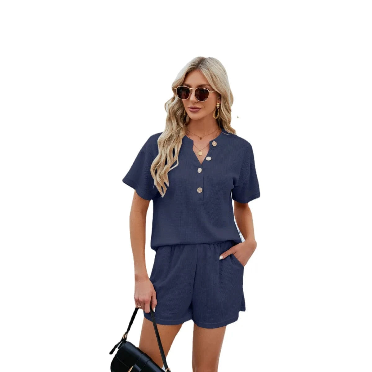 S / NAVY Two-piece Shorts Set Women's Clothing 2024 Spring Summer New in Solid Color Casual Home Clothing Two Piece Sets Women Outifit