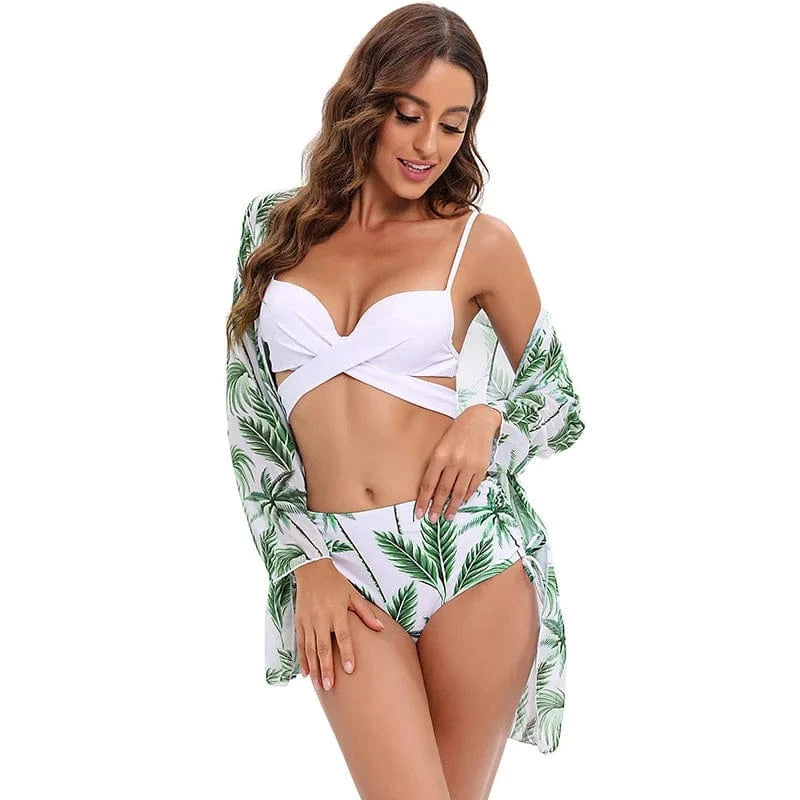 S / NO5 Dropshipping bikini 3 piece set long sleeve mesh beach cover up high waist swimsuit tropical printed Bikinis Swimwear