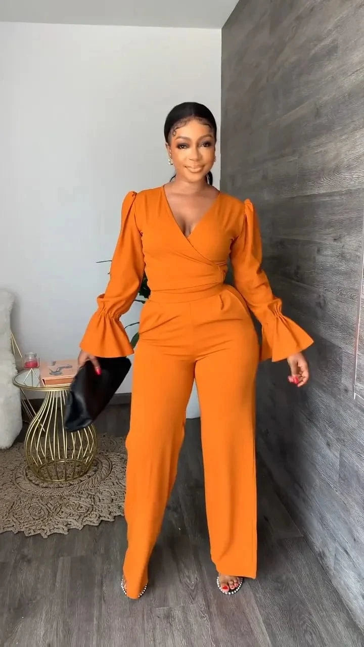 S / Orange 2023 autumn and winter fashion women's clothing V-neck flared sleeve trousers two-piece solid color casual 2-piece suit