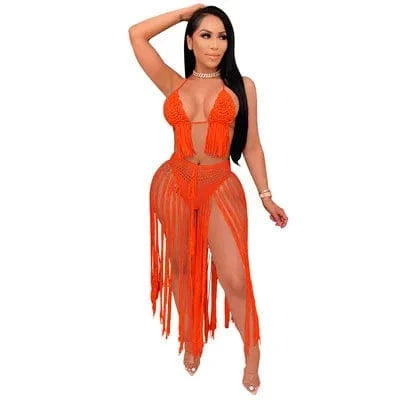 S / Orange 2024 fashion sexy swimsuit beachwear tassel triangle bra two piece crochet bikini set