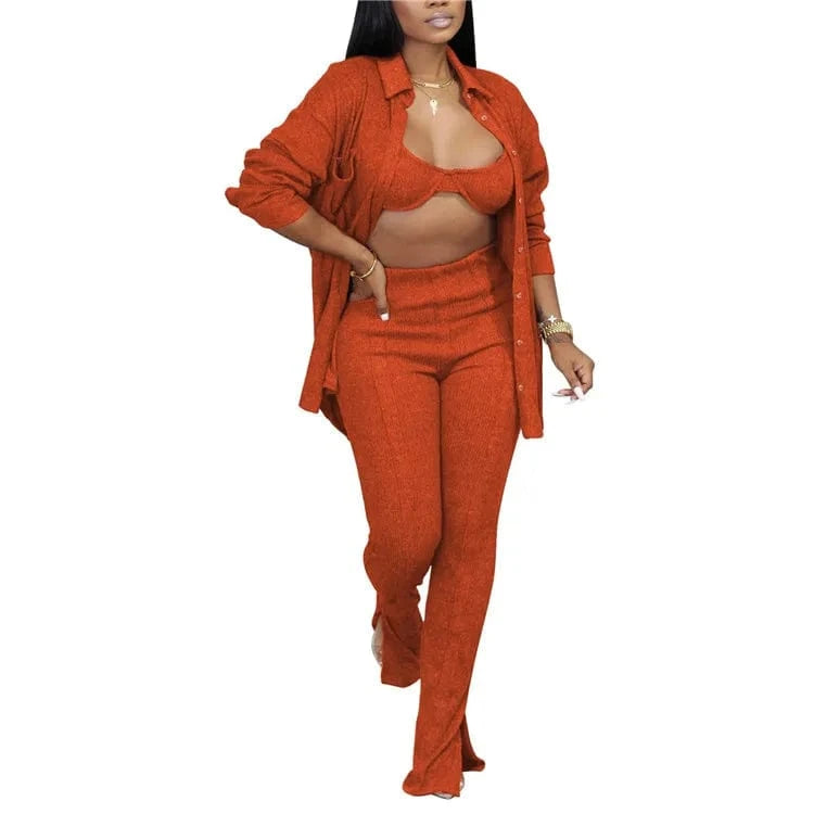 S / Orange 2024 New Fashion 3 Piece Outfits Matching Sets Women Knit Cardigan Cropped Bra Tops Flare Spilt Pants