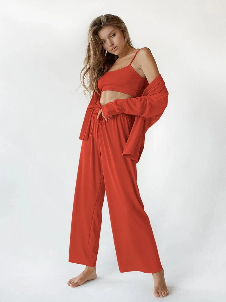 S / Orange 2024 Soft Touch Ribbed Drop Sleeves Sleepwear Pajama Set Winter Sleepwear Outfits Pants 3 Pieces Women's Clothing Sets Loose