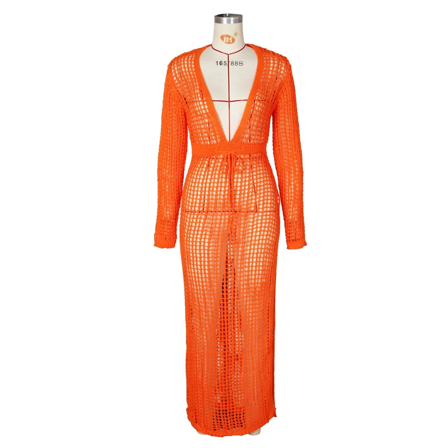 S / Orange 2024 Summer Hollow Out Crochet Dress Deep V-Neck Women's Swimwear Sexy See Through Bikinis Cover Up Swimsuits