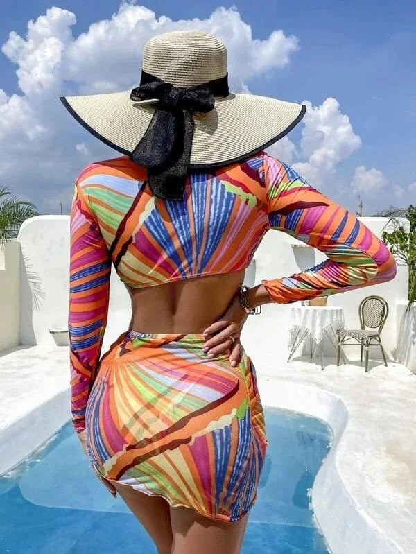 S / Orange Explosive models chest strap swimwear floral print  three piece swimsuits for women long sleeve bikini