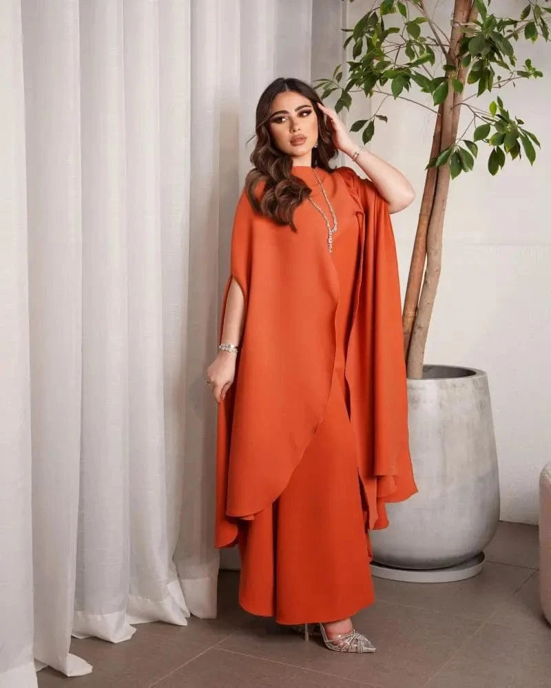 S / Orange Liu Ming Elegant 2024 Women Clothing Loose Sexy Middle East Party Lady O Neck Split Maxi Robe Dress
