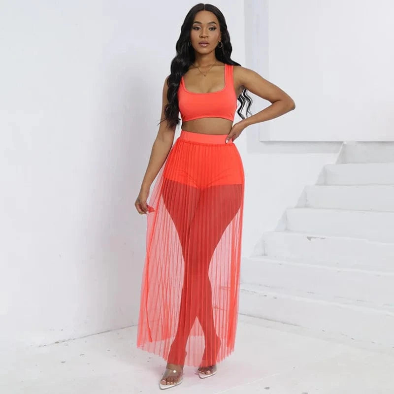 S / Orange Liu Ming March Expo 2024 Women Summer Beach Sheer Mesh Tank Tops And Shorts Sexy Skirts 3 Piece Set