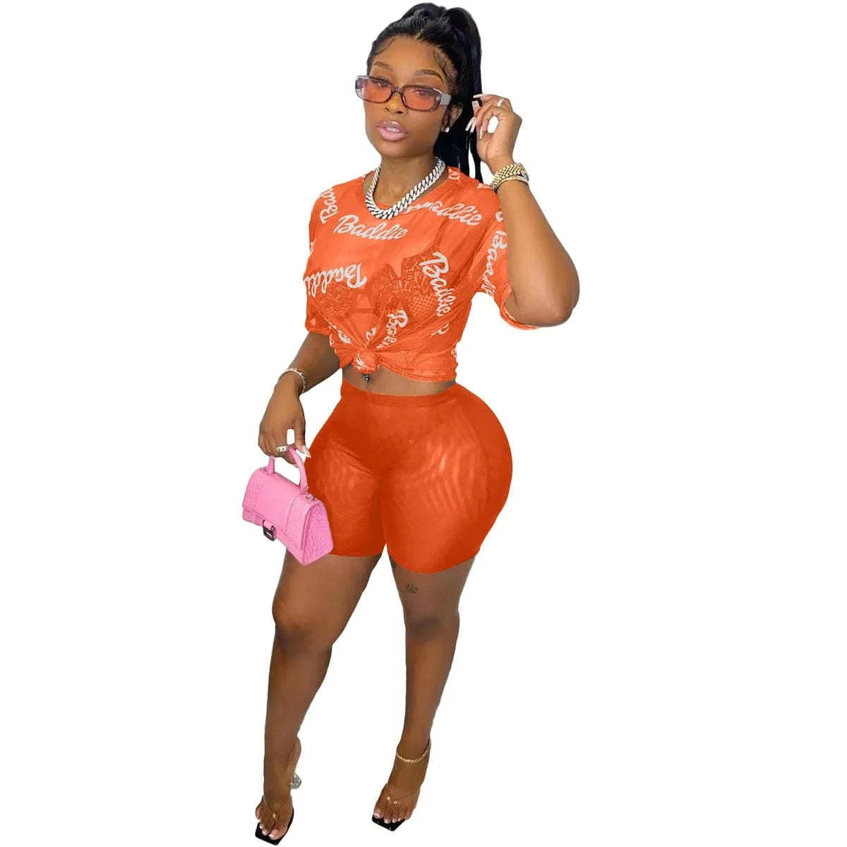 S / Orange Perspective Mesh Outfits Fashion Letter Printing Women Sexy Crop Top Shirt Booty Shorts 2 Piece Set