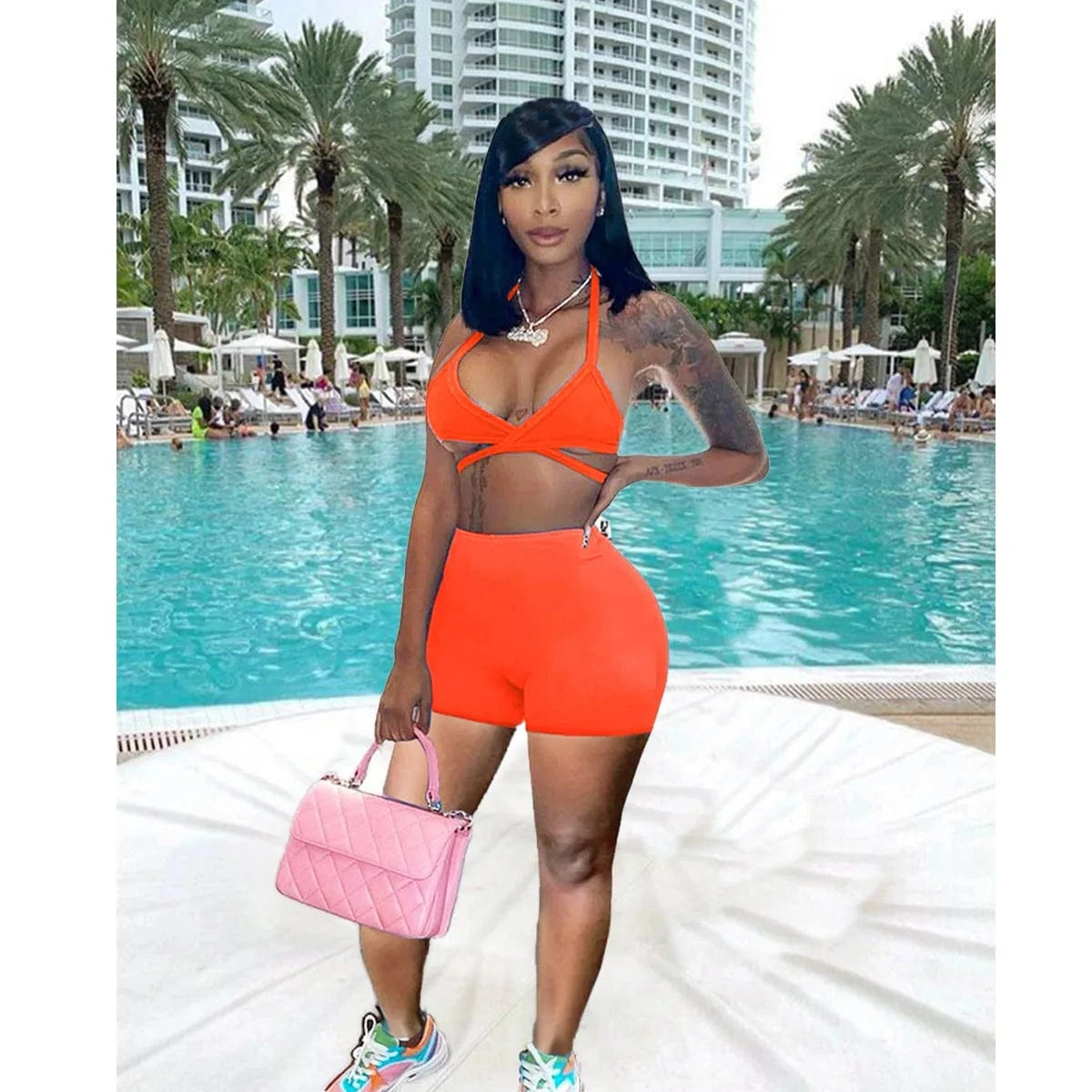 S / Orange Sports Casual Camisole Slim Shorts Summer Two Piece Set Women Short Set Clothing Sexy Crop Tops Set Custom
