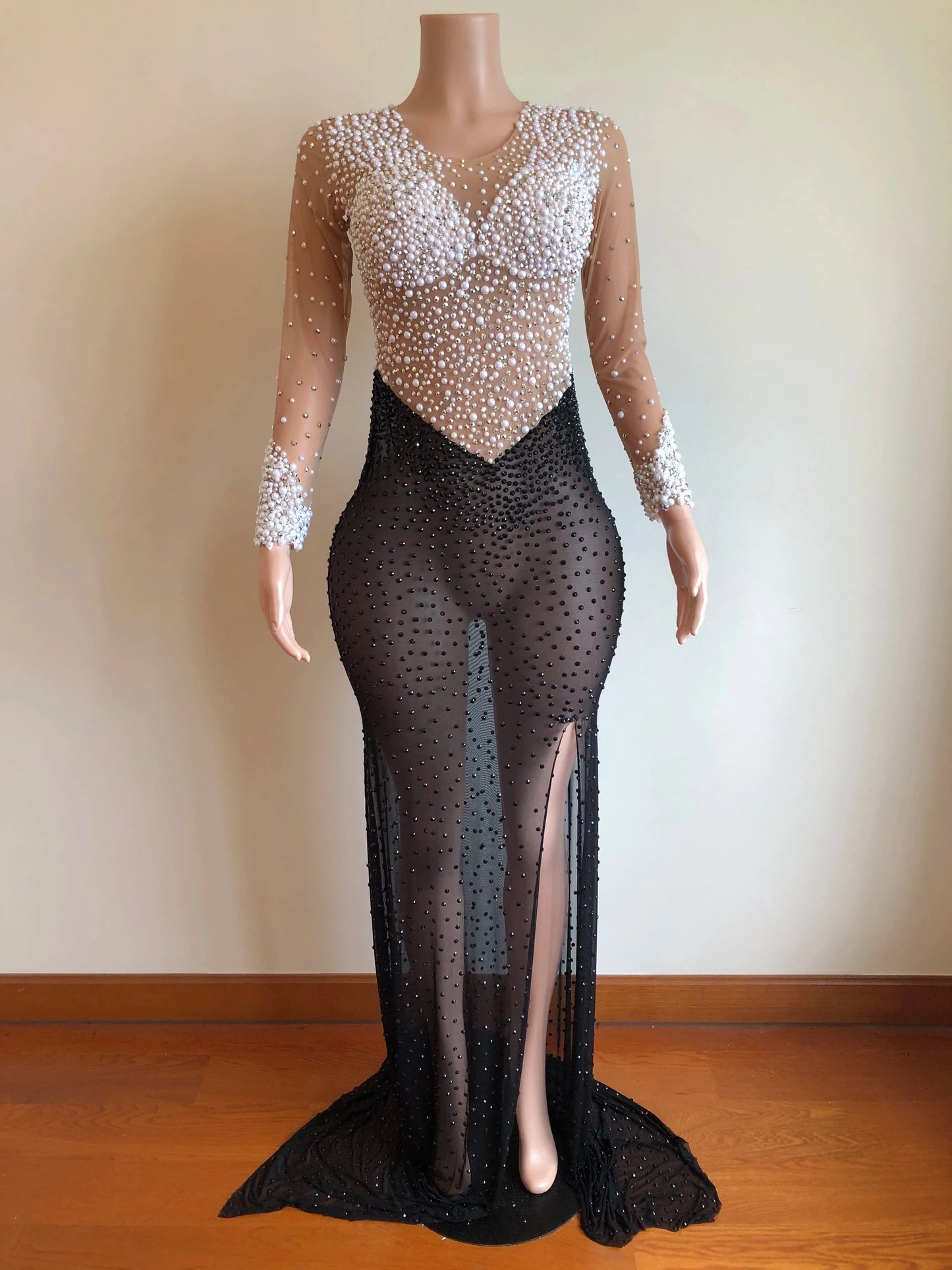 S / Patchwork Custom Clothing Manufacturers Sexy See Through Side Slit Evening Dresses Shiny Crystal Pearls Club Wear Party Costume For Women