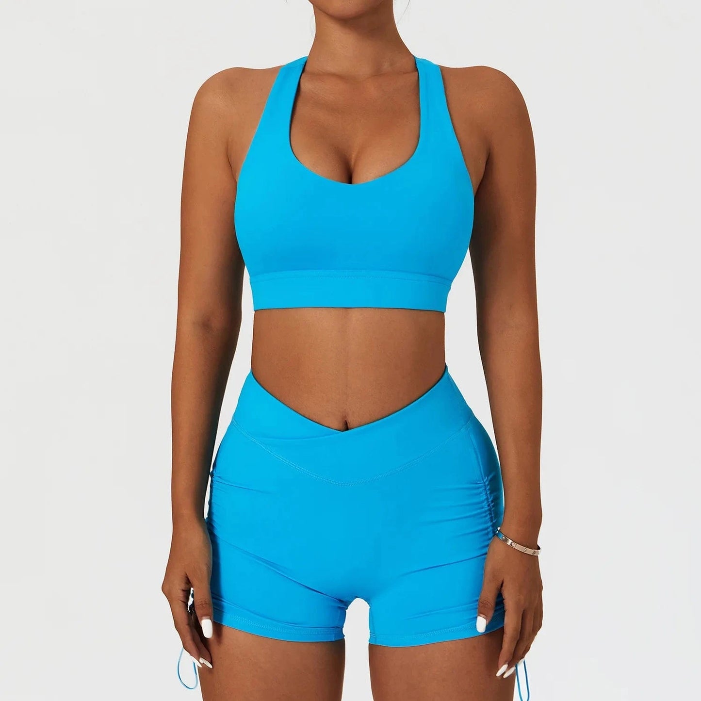 S / Peacock Blue B High Impact Bra and Cross V Waist Shorts Yoga Biker Set 2 PCS Stretchy Nylon Workout Running Clothing 2024 Women Gym Sportswear