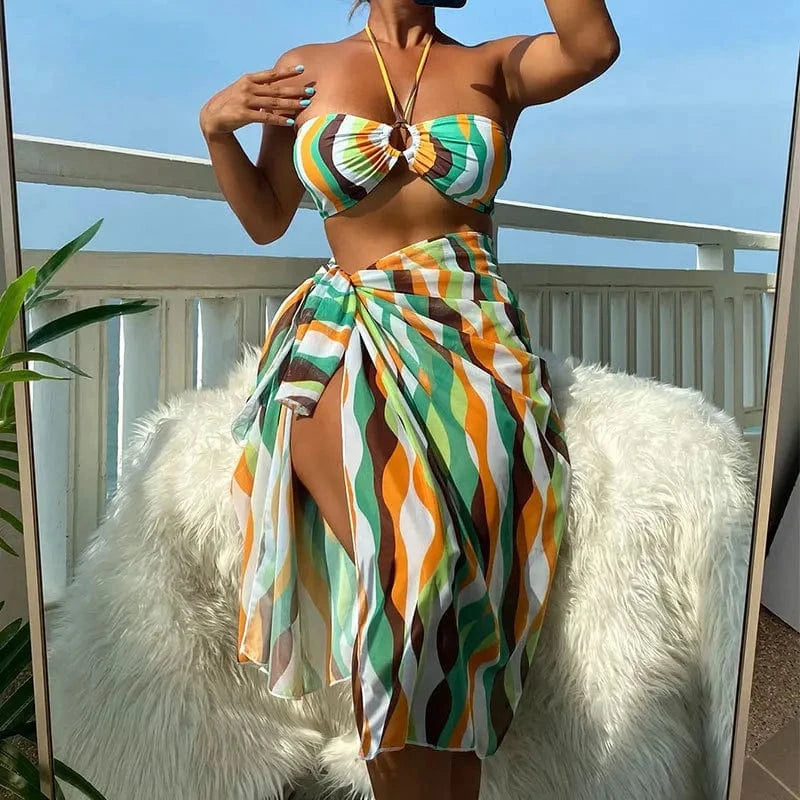 S / Picture Color DAMOCHIC Wholesale Three-piece set Swimsuit Summer Halter&Lace up Beachwear Backless Stripes Bathing Suit for ladies 2023