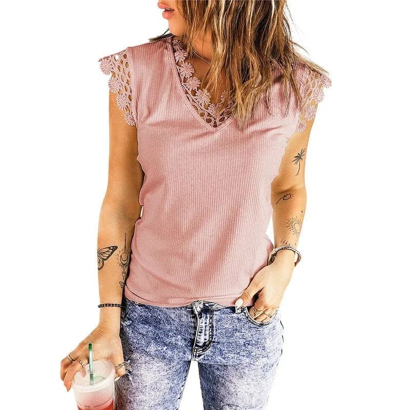 S / Pink 2023 New Wholesale Custom Women Tops Clothing Summer Vest Sexy V-Neck Solid Color Ribbed Lace Tank Top