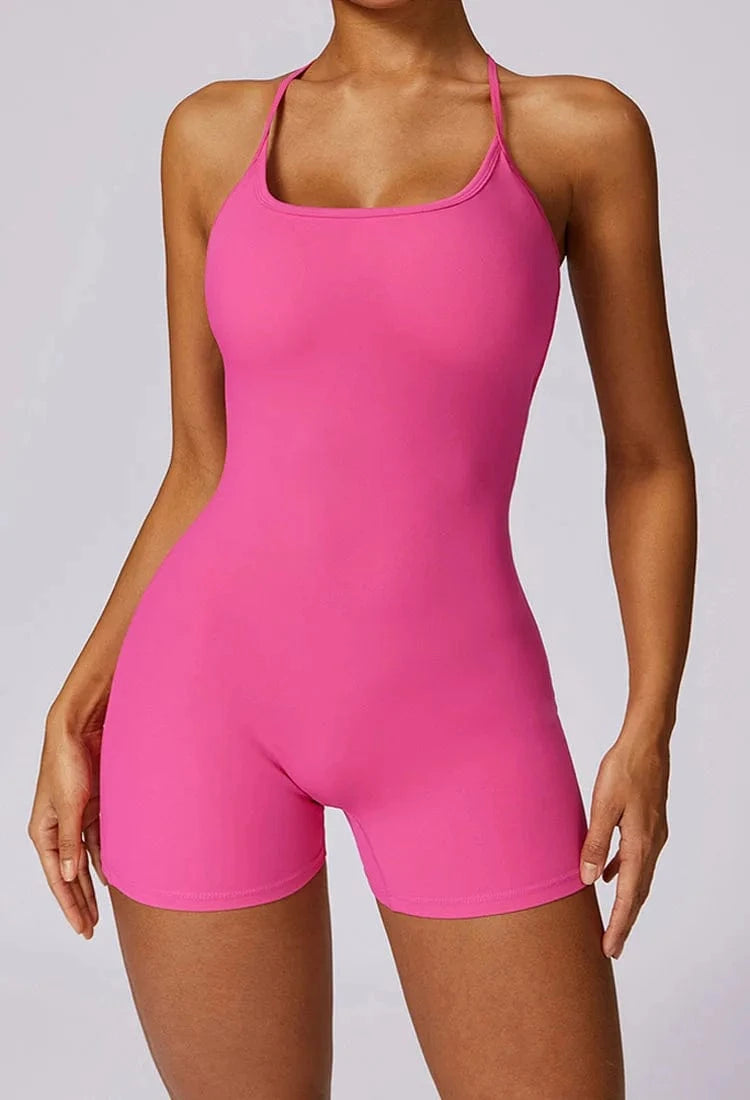 S / Pink 2024 Custom Fitness Yoga Wear Bodysuit Workout Clothing Seamless Gym Shorts Cross Straps Rompers For Women One Piece Jumpsuit