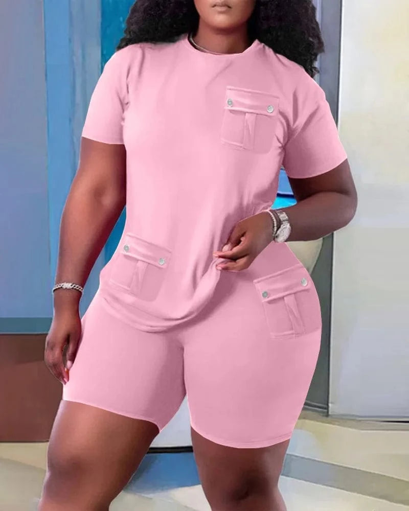 S / Pink 2024 European and American oversized women's fashion casual home short sleeved shorts set