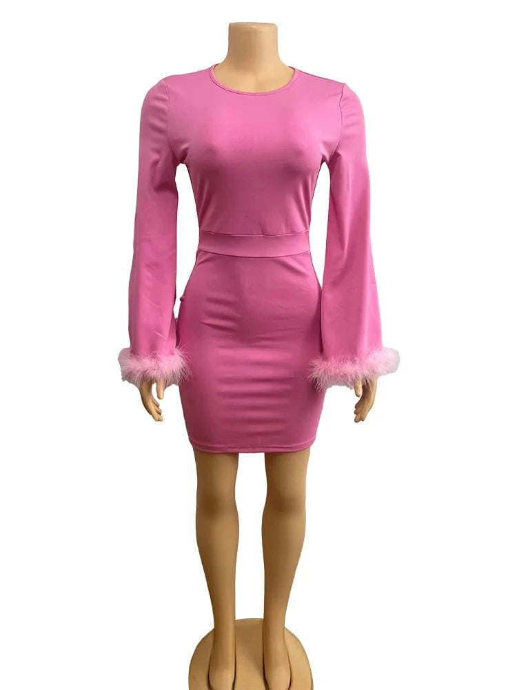 S / Pink 2024 New Fashion Faux Fur Flare Sleeve Dress Long Sleeve Casual Dress Solid Color Bodycon Short Dress For Women