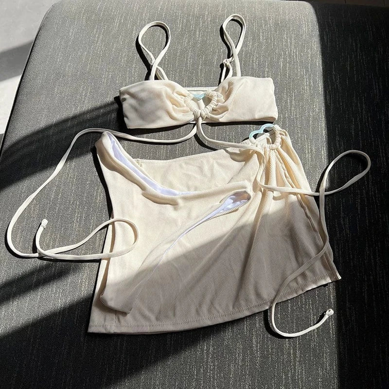S / Pink 2024 Sexy Spaghetti Strap Bandeau 3 Piece Bikini Set Women Swimsuit Skirt Swimwear Solid Ribbed Push Up Bathing Suit Wholesale