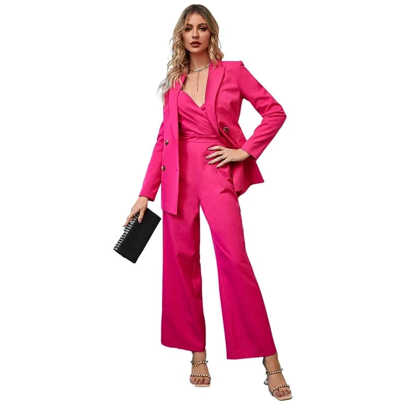 S / Pink 2024 Strapless High Waist Design Pink Jumpsuit Spring Jacket Sexy Women Two Piece Formal Suit