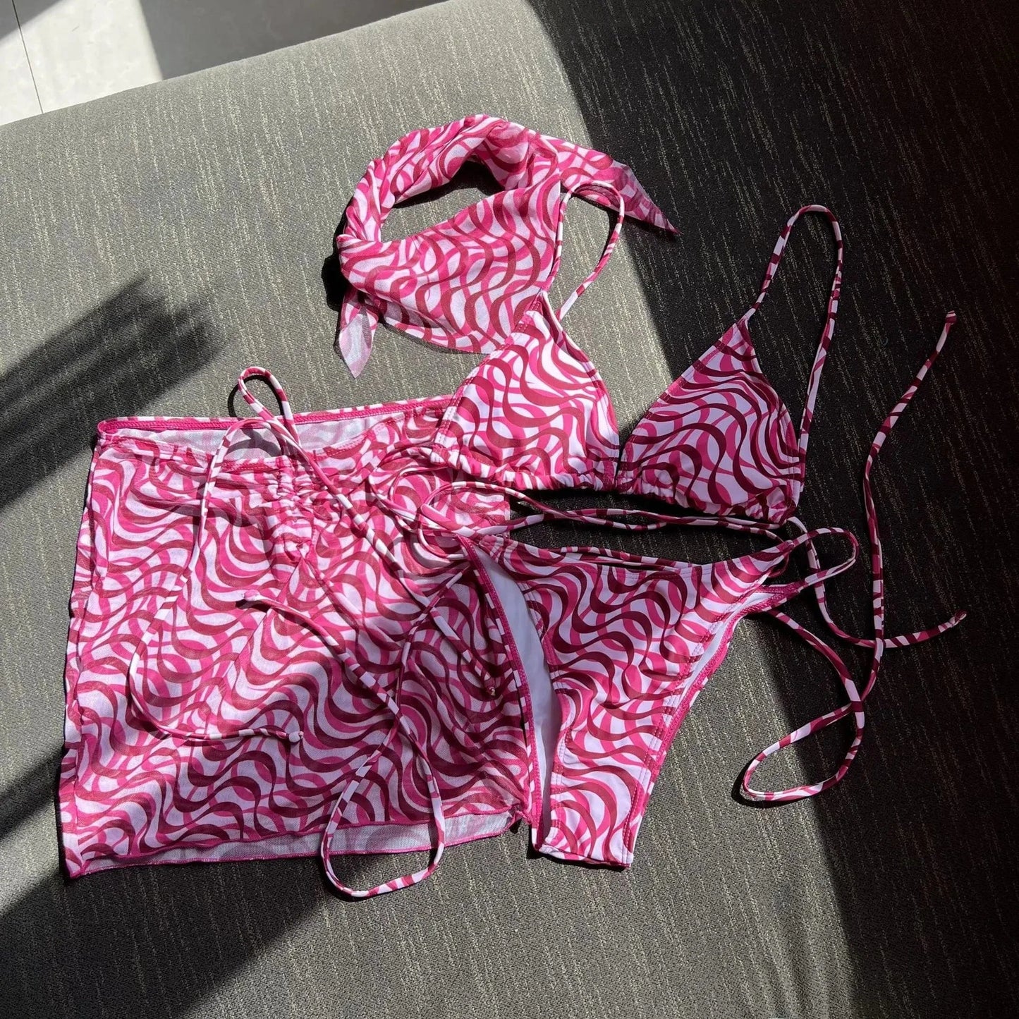 S / Pink 2024 summer S-XL swimsuit cover ups women beachwear 3 piece bikini set with headband