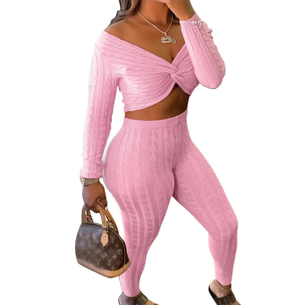S / Pink A6610 Best selling high quality sweater women winter sets undefined piece sets bodycon outfits strapless 2 piece sets clothing