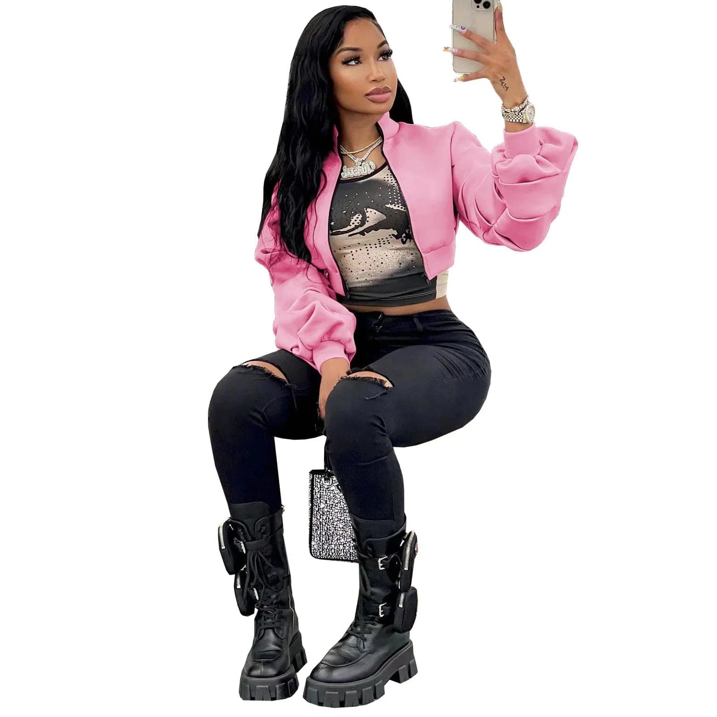 S / Pink Autumn 2022 Women Clothing Solid Woman Short Coat Fashion Zipper Jacket Short Cardigan Jacket Top for Mujer