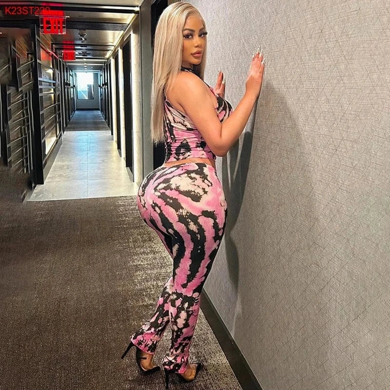 S / Pink Bomblook K23ST220 Print Sleeveless Halter 2 Piece Set Women Pants Sets For Women Two Pieces Women Two Piece Set Summer 2024