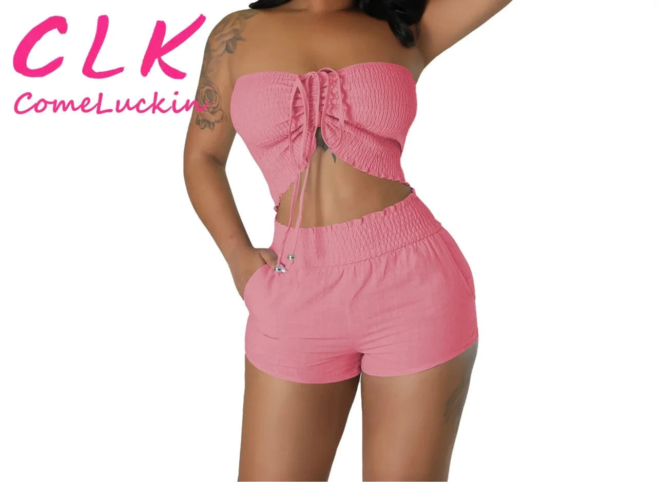 S / Pink Custom Logo Boutique Women Clothing Tube Top Women Shorts Set Ladies Shorts and Top 2 Piece set 2024 Summer Outfits