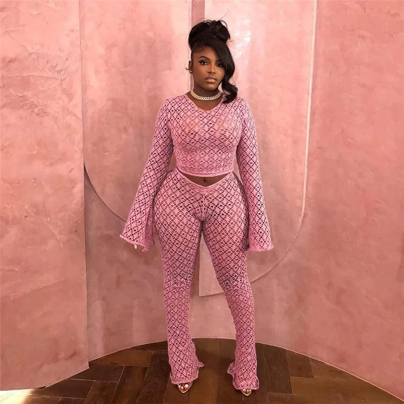 S / Pink Fashion Women's Clothing See Through Flare Pants 2 Piece Set Casual Outfits for Woman Navel Two Pieces Set