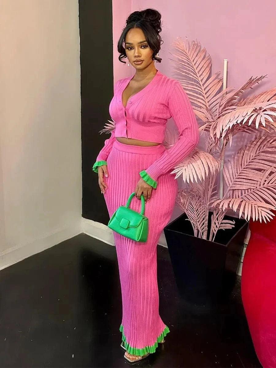 S / Pink Good Quality Autumn Winter New 2024 Women Elegant Streetwear Bodycon Slim Contrast Knitted Long Skirt Set