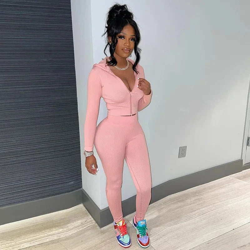 S / Pink J&H Spring 2024 Clothing Casual Women Zipper Two Piece Outfits Hooded Sweat Suit Jogger Tracksuit Set