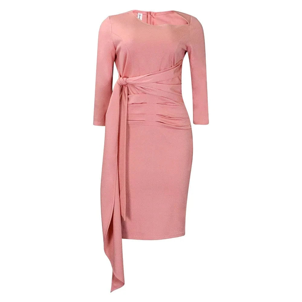 S / Pink Ladies Dresses 2024 Business O Neck Midi Length Ladies Office Dresses Ruffled Ribbons Plus Size African Woman Dress