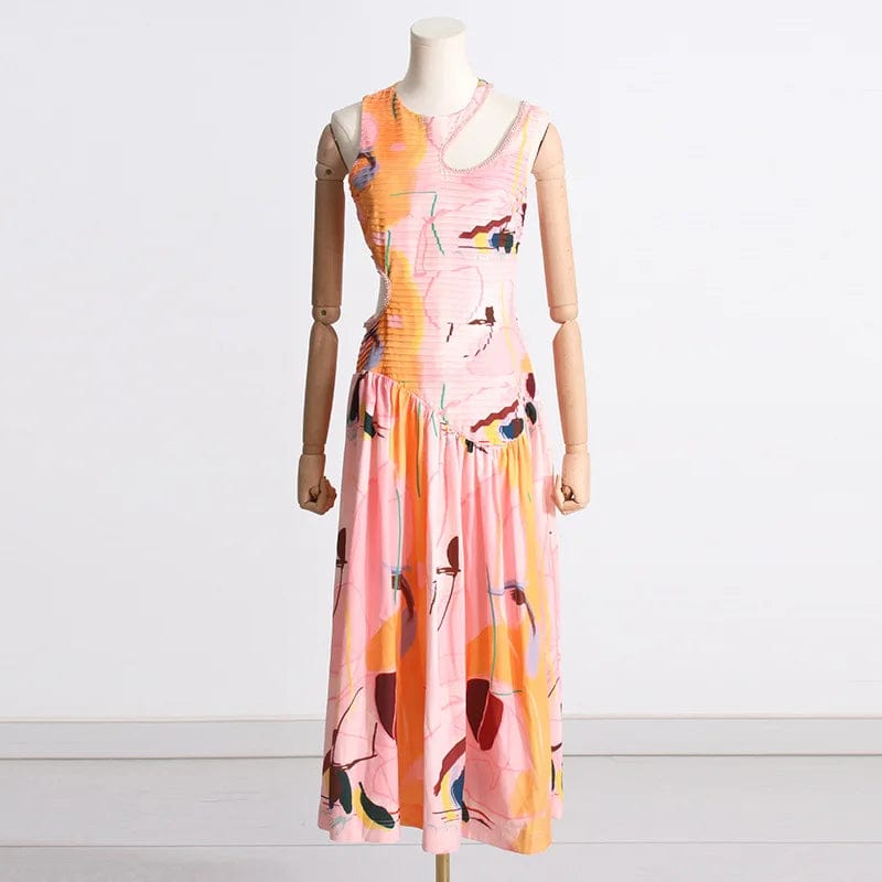 S / Pink OUDINA 2024 New Spring French Round Neck Hollow Waist Long Pleated Dresses Elegant Women Casual Dress